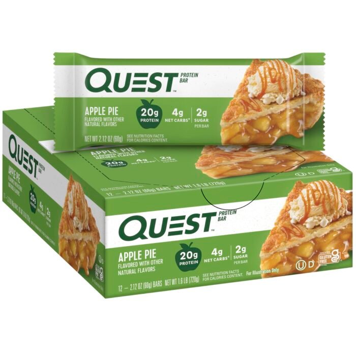 Quest Nutrition Apple Pie Protein Bar, 20g Protein, 4g Net Carbs, 2g Sugar, Gluten Free, Keto Friendly, 12 Count (Packof 1)