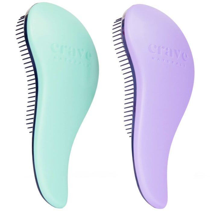 Crave Naturals Glide Thru Detangling Brush for Adults and Kids - Detangler Brush for Curly or Straight, Wet or Dry Hair - Gentle on Tangles Hair Comb - 7.5x3-Inch, Turquoise and Purple (Pack of 2)