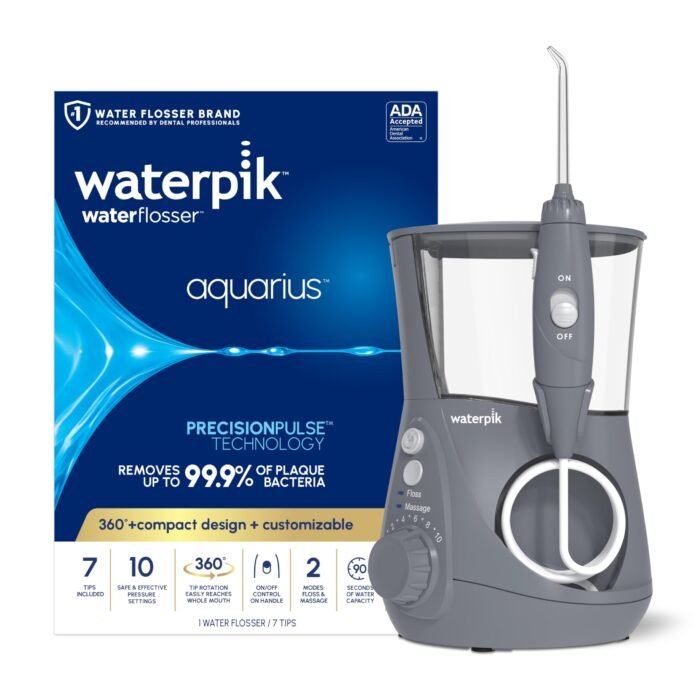 Waterpik Aquarius Water Flosser Professional For Teeth, Gums, Braces, Dental Care, Electric Power With 10 Settings, 7 Tips For Multiple Users And Needs, ADA Accepted, Gray WP-667, Packaging May Vary