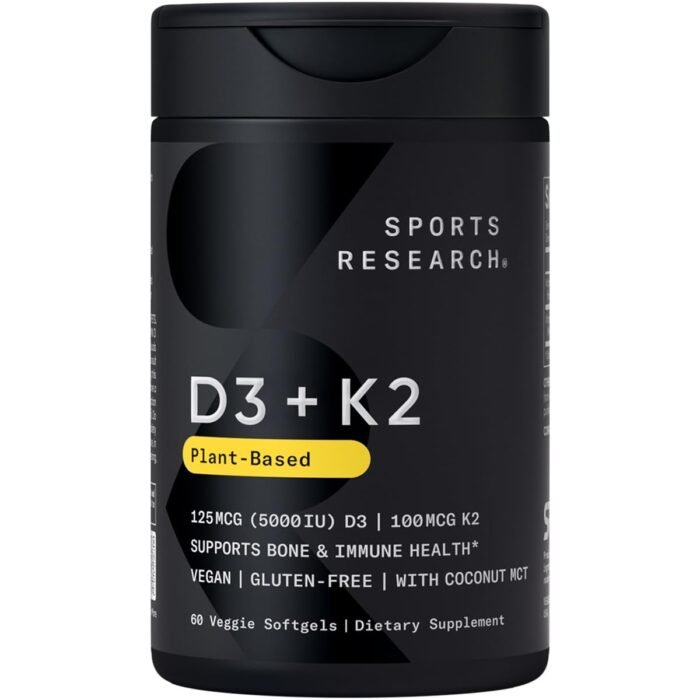 Sports Research Vitamin D3 K2 with Coconut Oil | Plant Based Vitamin K2 MK7 + Vegan D3 5000iu | Vegan Certified, Soy & Gluten Free - 60 Count Softgels