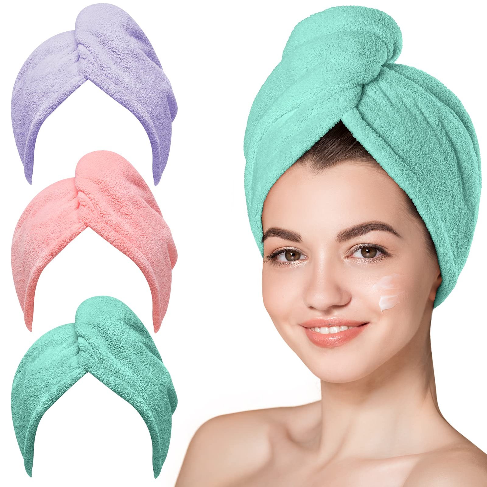 Version 1.0.0 Hicober Microfiber Hair Towel, 3 Packs Hair Turbans for Wet Hair, Drying Hair Wrap Towels for Curly Hair Women Anti Frizz (Pink,Purple,Green) - Image 1
