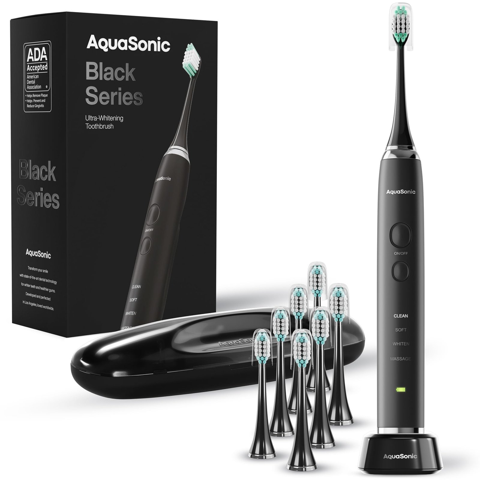 Version 1.0.0 Aquasonic Black Series Ultra Whitening Toothbrush ? ADA Accepted Electric Toothbrush- 8 Brush Heads & Travel Case ? 40,000 VPM Electric Motor & Wireless Charging - 4 Modes w Smart Timer - Image 1