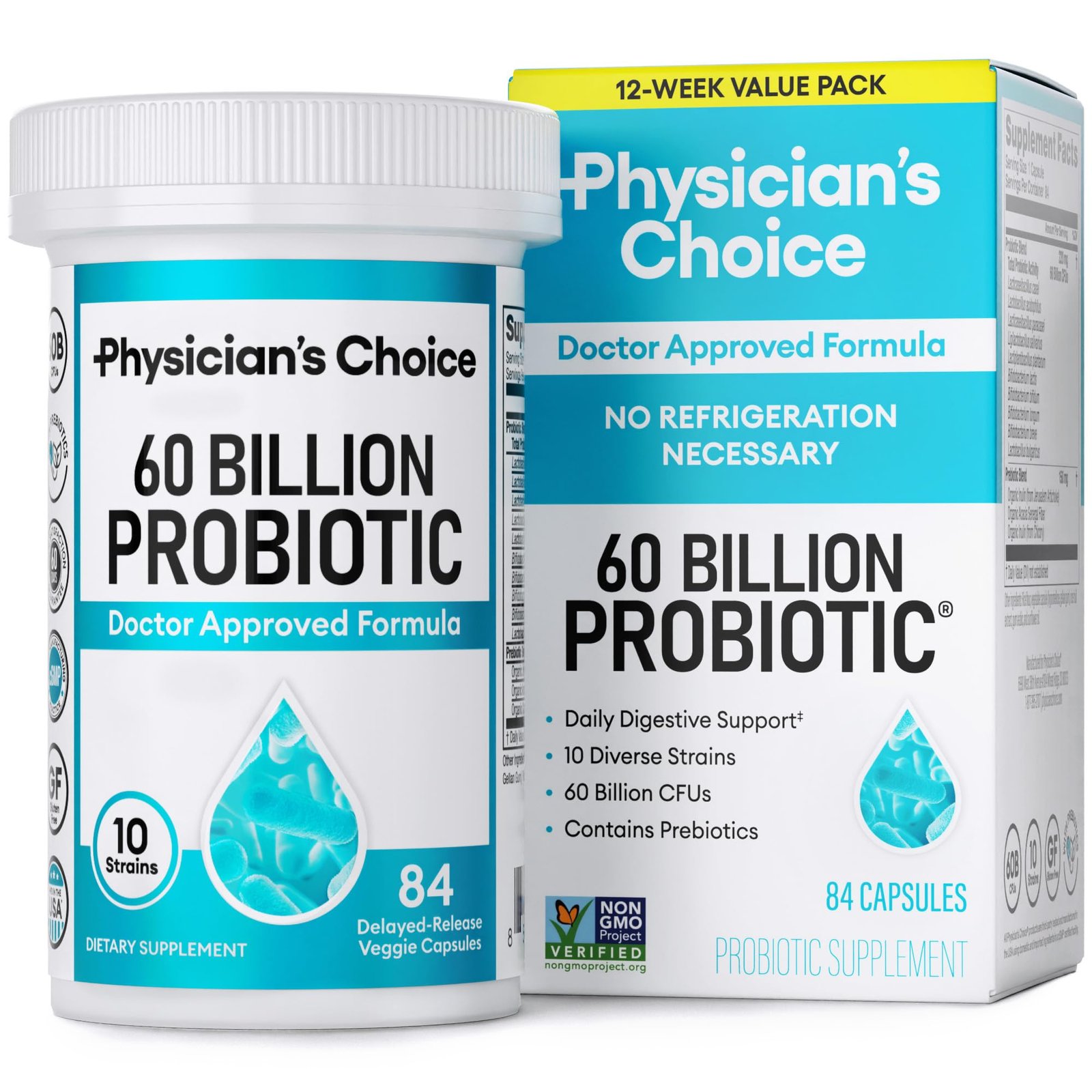 Version 1.0.0 Physician's CHOICE Probiotics 60 Billion CFU - 10 Strains + Organic Prebiotics - Immune, Digestive & Gut Health - Supports Occasional Constipation, Diarrhea, Gas & Bloating - for Women & Men - 84ct - Image 1