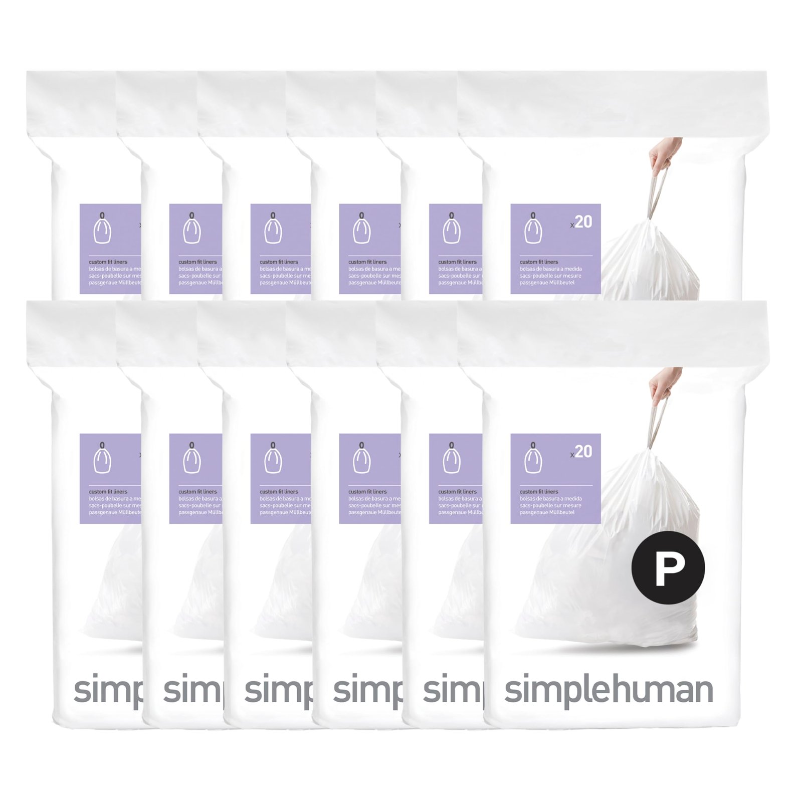 Version 1.0.0 simplehuman Code P 240 Count, Genuine Custom Fit Liners, Drawstring Trash Bags in Dispenser Packs, 50-60 Liter / 13-16 Gallon - Image 1