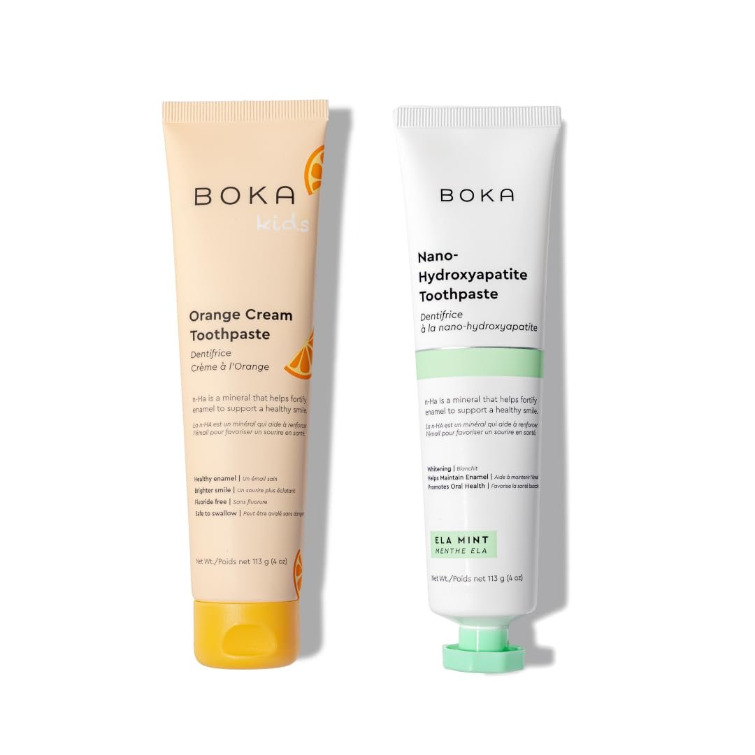 Version 1.0.0 Boka Fluoride Free Toothpaste - Nano Hydroxyapatite, Remineralizing & Whitening - Dentist Recommended for Adult, Kids - Ela Mint, Orange Cream Natural Flavor, 4oz 2Pk - US Manufactured - Image 1