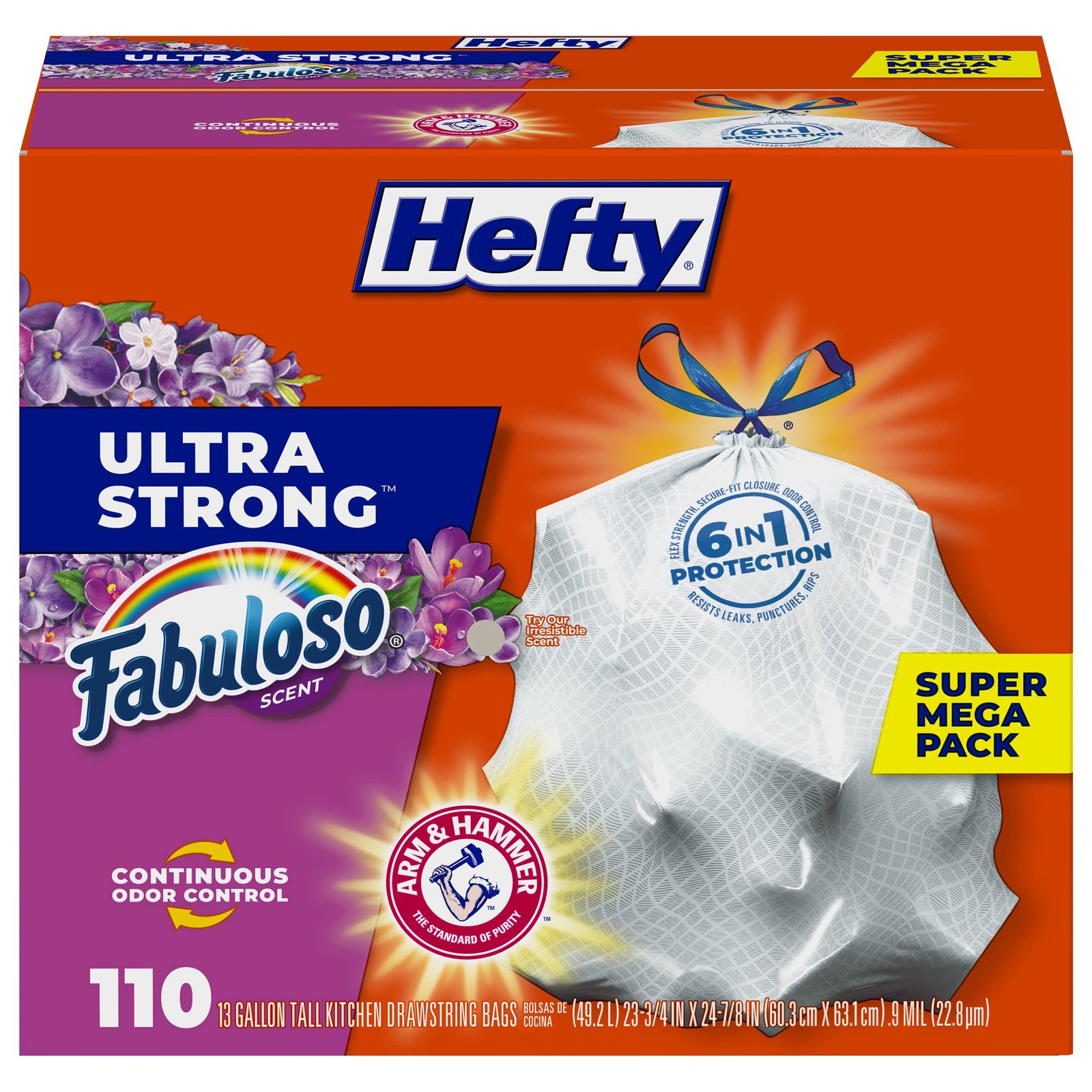 Version 1.0.0 Hefty Ultra Strong 13 Gallon Trash Bags, Tall Kitchen Trash Bags 13 Gallon Size, Break Resistant Drawstring Closure, Continuous Odor Control, White, Fabuloso Scent, 110 Bags - Image 1