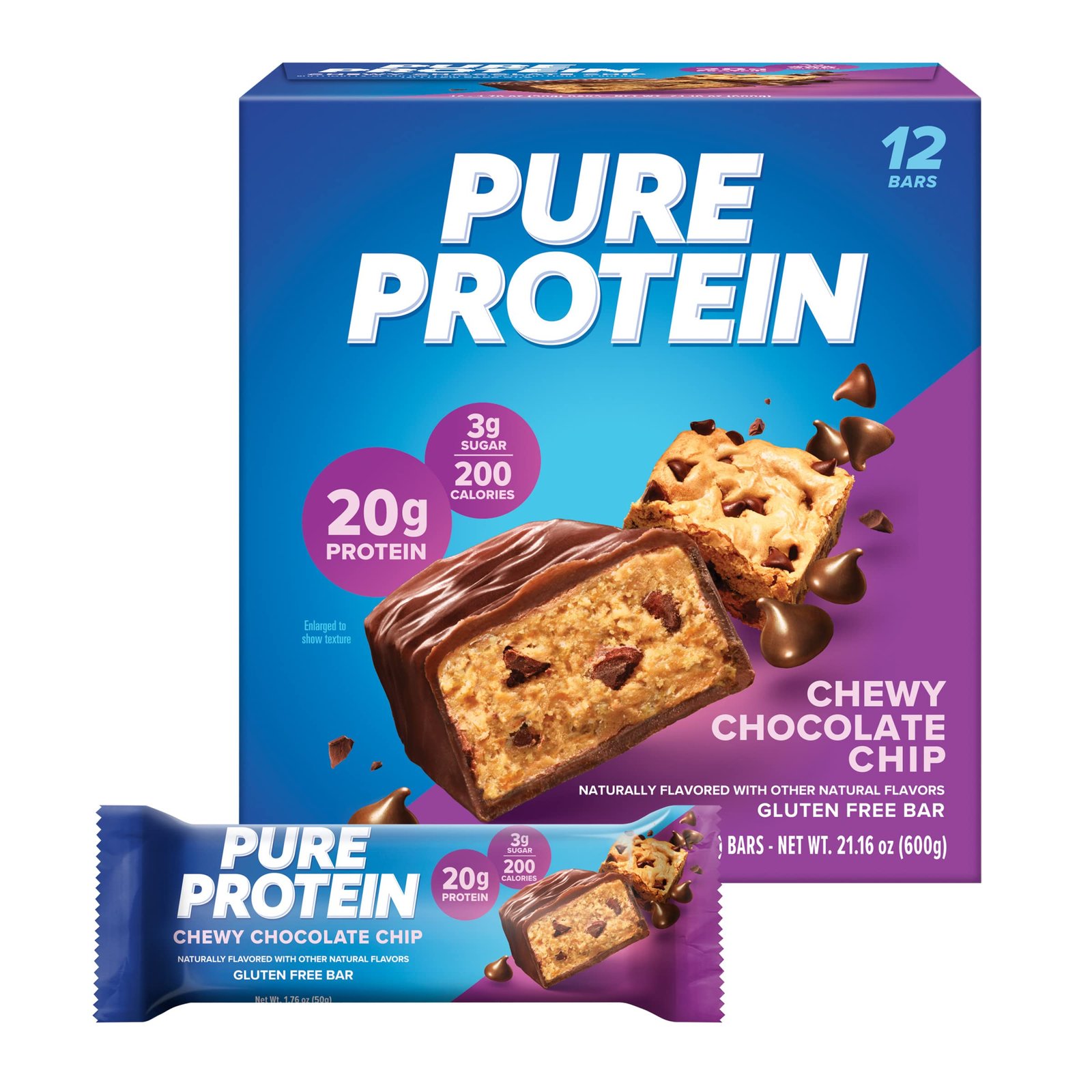 Version 1.0.0 Pure Protein Bars, High Protein, Nutritious Snacks to Support Energy, Low Sugar, Gluten Free, Chewy Chocolate Chip, 1.76oz (Pack of 12), Packaging may vary - Image 1
